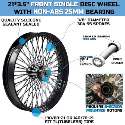 FatFlex Front Wheel for Harley Softail Dyna 21” x 3.5” Single Disc - color: 21*3.5'', Black+Chrome+Black（NON-ABS)