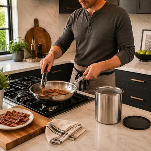 Oggi Stainless Steel Jumbo Grease Container with Removable Strainer and Snug Lid. Perfect container for fryer oil, bacon drippings, lard and ghee oil. Large capacity can - 1 Gall / 4 Qt / 3.75 Lt - size: 4 Quarts