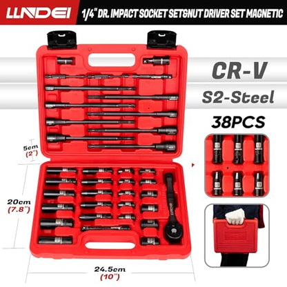 LLNDEI 1/4" Drive Socket Set & Nut Driver Set with Ratchet 38Pcs SAE 5/32" - size: 38PCS SAE