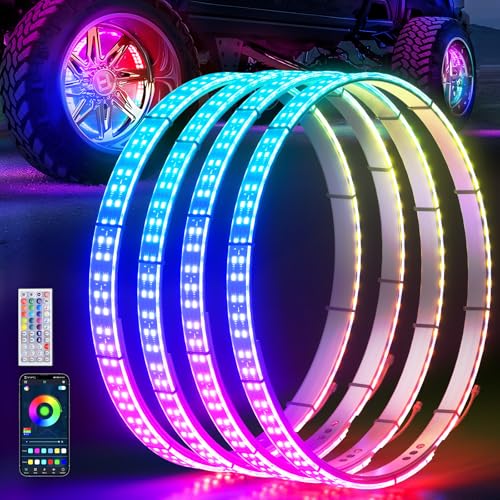 Ehaho 14''-18'' Double Row Adjustable Wheel Lights, Brighter RGB Chasing Rim Lights with App, Music Wheel Ring Light with Turn & Braking Signal Compatible with Various Trucks SUV Car（4PCS） - size: 4 Wheel-14"-18" 2-Row Dream Chasing