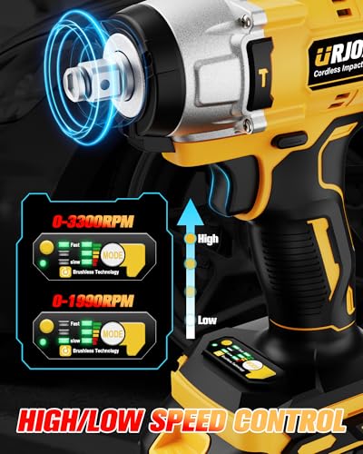 Urjoai Cordless Impact Wrench - 590Ft-lbs (800N.m) Brushless 1/2 inch, 3300RPM High Torque Impact Gun, 2x 4.0Ah Battery, Charger & 7 Sockets, Electric Impact Wrench for Car Home