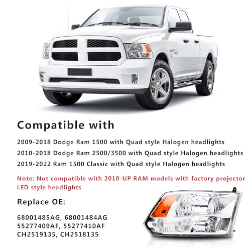 Headlights Assembly Replacement for 2009-2018 Dodge Ram 1500 - color: Chrome Housing Amber Reflector