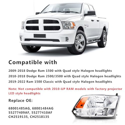 Headlights Assembly Replacement for 2009-2018 Dodge Ram 1500 - color: Chrome Housing Amber Reflector