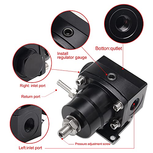 EFI Fuel Pressure Regulator Kit with 0-100psi Pressure Gauge AN6-6AN Aluminum Adjustable Universal Fuel Line Hose Fitting Connectors Kit Black HTRACING - color: Black