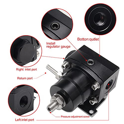 EFI Fuel Pressure Regulator Kit with 0-100psi Pressure Gauge AN6-6AN Aluminum Adjustable Universal Fuel Line Hose Fitting Connectors Kit Black HTRACING - color: Black