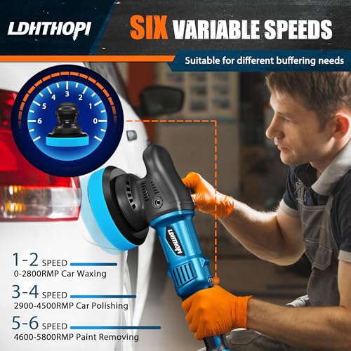 LDHTHOPI Dual Action Polisher, 980W 5/6 Inch, 9MM Random Orbital Buffer Polisher for Car Detailing, 2800-5800RMP, 6 Variable Speed Buffer Polisher with 8 Detachable Pads - size: 980W Dual