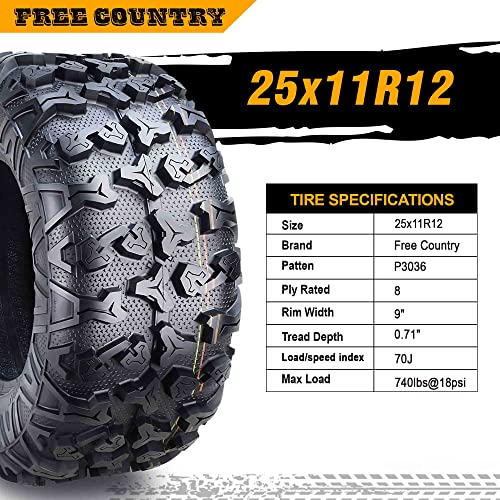 Free Country Set 2 ATV Tires 25X11R12 8PR Radial w/SideScuff Guard 10344 - size: 25x11R12