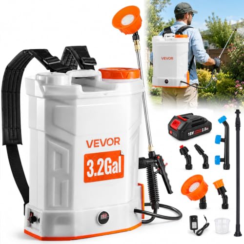 VEVOR Battery Powered Backpack Sprayer 3.2 Gal, Powerful Electric Sprayer, Weed Sprayer for Garden and Lawn, Adjustable 0-90 PSI, 2 Retractable Wands & 5 Nozzles, Yard Sprayer - size: 3.2 Gal