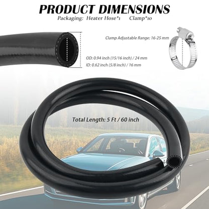5Ft 5/8 Car Heater Hose with 10PCS Clamps,ID 16mm & OD 24mm Coolant Hoses to Transport Air/Water,Straight Car Accessories 5/8 Silicone Heater Hose Working Pressure 250 PSI (5/8 inch) - color: 5/8 inch
