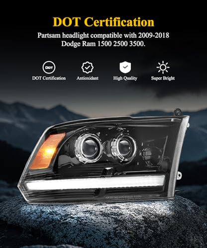 Partsam Full LED Headlights Assembly Compatible with 2009-2018 Ram 1500 2500 3500, DOT Approved Dual Projector Lens Headlamp Pair with Start Animation DRL Sequential Turn Signal Hi/Low Beam 6500K IP67 - color: Black