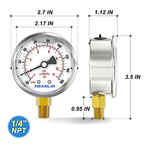 MEANLIN MEASURE -30inHG~160Psi Stainless Steel 1/4" NPT 2.5" FACE DIAL Vacuum Pressure Gauge, Lower Mount, with 1/2" NPT and 3/8" NPT Hex Bushing - size: -30inHG-160Psi