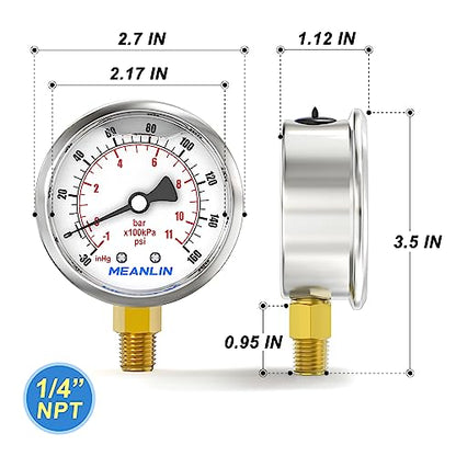 MEANLIN MEASURE -30inHG~160Psi Stainless Steel 1/4" NPT 2.5" FACE DIAL Vacuum Pressure Gauge, Lower Mount, with 1/2" NPT and 3/8" NPT Hex Bushing - size: -30inHG-160Psi