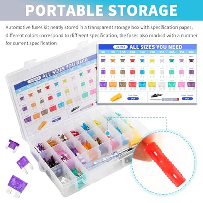 203PCS Car Fuses Assortment Kit with Car Fuse Tester & Puller,Cars Fuse Kit with Standard/Mini/Low Profile Mini,Fuses Automotive Kits (3A 5A 7.5A 10A 15A 20A 25A 30A 35A 40A)