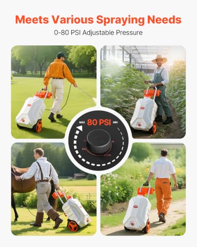VEVOR Battery-Powered Sprayer with Wheeled Cart, 10 Gallons Electric Weed Sprayer, Adjustable 0-80 PSI, Yard Lawn Sprayers with Wheels, 5 Nozzles & 98ft Hose, 3-6H Spray Time, for Weeding, Cleaning - size: 10 Gal
