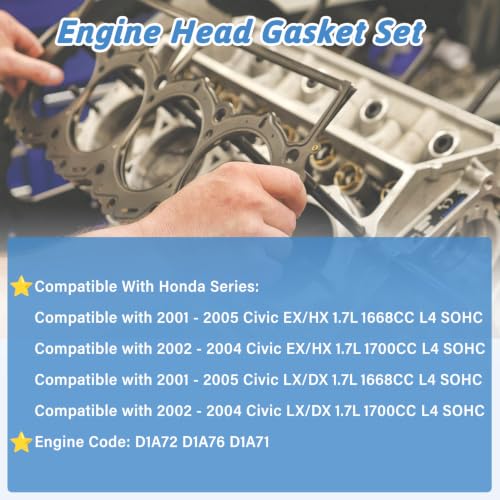 HS26236PT Head Gasket Set Timing Belt Kit W/Water Pump, Compatible with Civic EX/HX/DX/LX 2001-2005 D17A2 D17A6 D1A71, Replace# HS26236PT TCK312 14400-PMM-A02