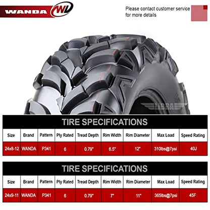 WANDA Set 4 ATV Tires 24x8-12 Front & 24x9-11 Rear /6PR P341-10151/10153 - size: 24X8-12&24X9-11