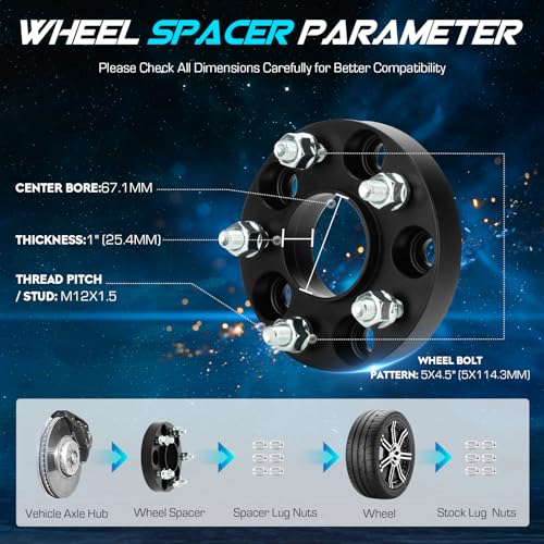 ILONPA 4pcs 5x4.5 1 inch (25.4mm) Hubcentric Wheel Spacers with 67.1mm Bore for Hyundai Elantra Veloster Sonata Santa Fe, Genesis Coupe, Mazda 5 MX-5, 5x114.3 M12x1.5 Thread 5 Lugs Wheel Adapters