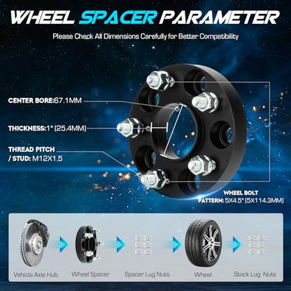 ILONPA 4pcs 5x4.5 1 inch (25.4mm) Hubcentric Wheel Spacers with 67.1mm Bore for Hyundai Elantra Veloster Sonata Santa Fe, Genesis Coupe, Mazda 5 MX-5, 5x114.3 M12x1.5 Thread 5 Lugs Wheel Adapters