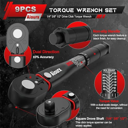Torque Wrench Set 9PCS, 1/4" 3/8" 1/2" Drive Click Torque Wrench, 72 Tooth Dual-Direction Adjustable, Dual Scale, ±3% Accuracy, for Bicycle, Motorcycle, Automotive Repair and Maintenance - size: 9pcs