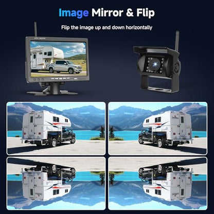 1080P HD Wireless Backup Camera System, 7-inch LCD Monitor with 2 Rearview Camera for Trailer RV Camper Truck Car Bus, DIY Guide Lines, IP68 Waterproof, Night Vision, BSD, 12V-36V