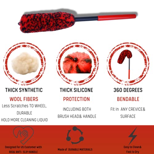 oesee Professional 4 Pack Long Handle Wheel Brush Kit for Cleaning Wheel and Tire- 2X Soft Wheel Cleaning Brush, Detailing Brush and Stiff Tire Brush, Bendable& Durable Wheel Rim Cleaner Brush Set - color: Red/Black, size: 4-Pack
