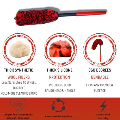 oesee Professional 4 Pack Long Handle Wheel Brush Kit for Cleaning Wheel and Tire- 2X Soft Wheel Cleaning Brush, Detailing Brush and Stiff Tire Brush, Bendable& Durable Wheel Rim Cleaner Brush Set - color: Red/Black, size: 4-Pack