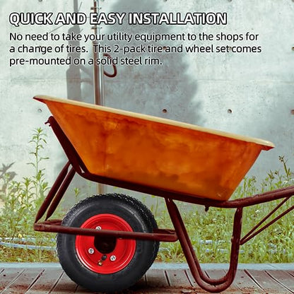 AR-PRO (2-Pack) 2.80/2.50-4" Tire and Wheel Set - 8 Inch Wheelbarrow Tire and Wheel Replacement with 3/4" Bearings and 3" Centered Hub - Extra Adapter kit includes 1/2" Bearings - color: Red, size: 2.80/2.50-4", 8 Inch