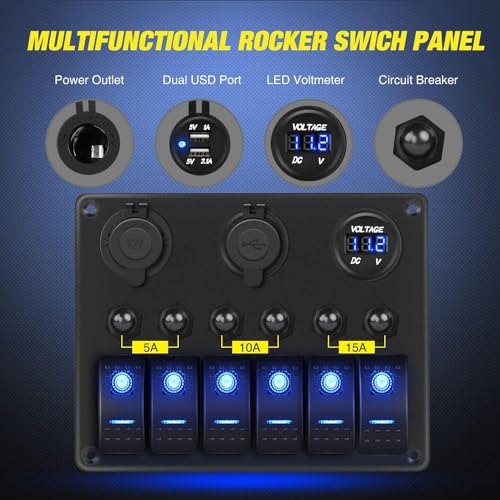 Nilight 6 Gang ON Off Rocker Switch Panel 12V Voltmeter Dual USB Charger Cigarette Lighter Socket For RV Truck Boat , 2 Years Warranty - color: Blue, size: 6+3 Gang Dual USB