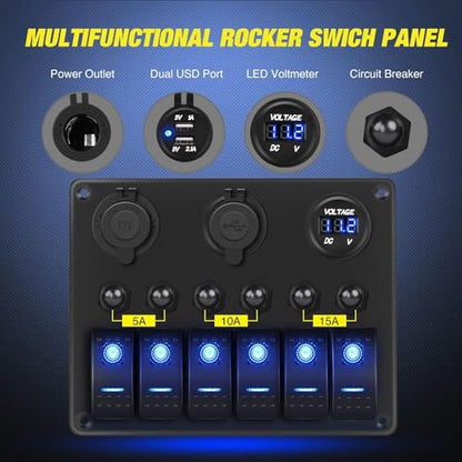 Nilight 6 Gang ON Off Rocker Switch Panel 12V Voltmeter Dual USB Charger Cigarette Lighter Socket For RV Truck Boat , 2 Years Warranty - color: Blue, size: 6+3 Gang Dual USB