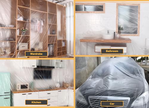 Muf 9 x 65 Feet Plastic Drop Cloth Plastic Sheeting with Masking Tape,Waterproof Protective Masking Film,Prevent Dust Paint for Car,Furniture,Carpet,Floor,1 Pack - size: 9 × 65 feet