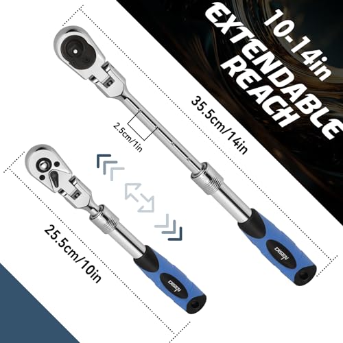 DISEN 3/8" Drive Extendable Ratchet,72-Tooth Flex-Head Ratchet Wrench with Quick Release Locking，Soft-Grip with Reversible Switch,Full-Polished Chrome Plating - color: 3/8 Extendable Flex-head Ratchet