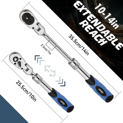 DISEN 3/8" Drive Extendable Ratchet,72-Tooth Flex-Head Ratchet Wrench with Quick Release Locking，Soft-Grip with Reversible Switch,Full-Polished Chrome Plating - color: 3/8 Extendable Flex-head Ratchet