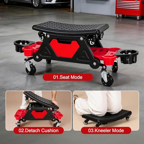 Frassie 2-in-1 Rolling Mechanic Stool Garage Creeper Seat with Modular Removable Cushion Tool Tray Heavy Duty 300 LBS Capacity for Auto Repair
