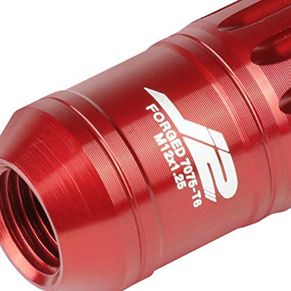 J2 Engineering 16Pcs 7075 Aluminum Open End M12 x 1.25 Lug Nuts w/4Pcs Lock Nuts & Key, Red, Fit Conical Seat, LN-T7-002-125-RD