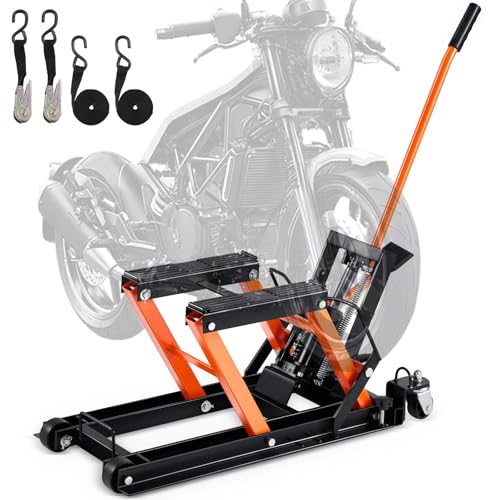 VEVOR Hydraulic Motorcycle Lift Jack 1500 LBS Capacity ATV Scissor Lift Jack Portable Motorcycle Lift Table with 4 Wheels Hydraulic Foot-Operated Hoist Stand for Motorcycle ATV UTV Powersports - color: Orange