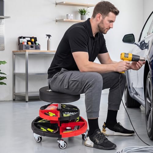 Goplus Rolling Mechanic Stool with Cushioned Seat - color: Red, size: 2-Tier Tool Tray