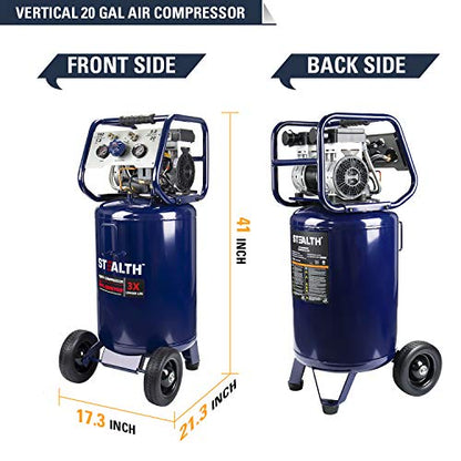 Stealth 20 Gallon Ultra Quiet Air Compressor,1.8 HP Oil-Free Peak 150 PSI 68 Decibel, 5.5 CFM @ 40 PSI 5 CFM @ 90 PSI Silent Long Life Electric Air Compressor W/Wheel for Garage - style: Vertical_VC