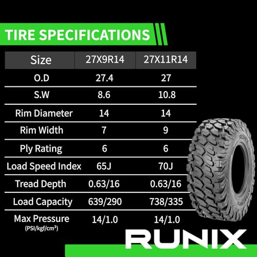 RUNIX ATV UTV Radial Tires, RUNIX TerraVance, 27X9R14 Front, 27X11R14 Rear, Set of 4, SXS, Side by Side, Radial Tire, All Terrain, 6PR, Tubeless, 27X9-14, 27X11-14 - size: 27X9R14 & 27X11R14