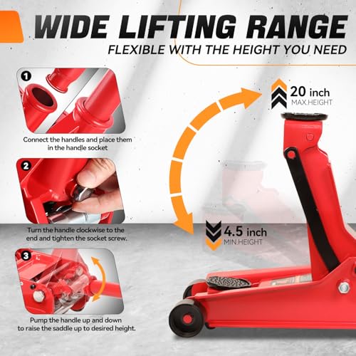 Auto Dynasty 4Ton Low Profile Floor Jack, Heavy Duty w/Dual Pistons, Red - color: Red, size: 4T Dual Pump