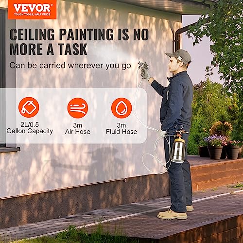 VEVOR Spray Paint Pressure Pot Tank, 2L/0.5gal Lightweight Air Paint Pressure Pot, 1.8mm Nozzle Spray Paint Gun 3m Hoses for Home Decoration Architecture Construction Automotive Painting, 45PSI Max - size: 2L1.8mm