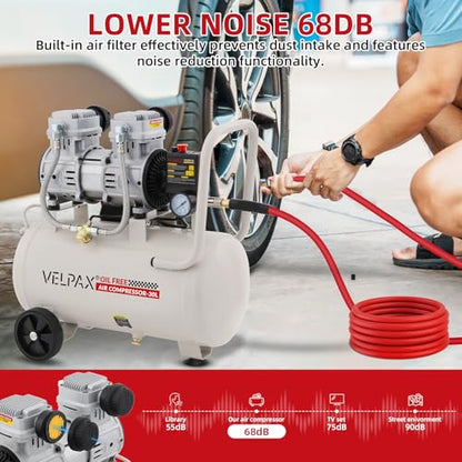 Ultra Quiet Air Compressor, Only 68dB, 8 Gallon Tank, Oil-Free, 110V/60Hz 1.75HP, 7.42CFM@115PSI, Air Compressor Perfect for Spray Painting, Auto Repair, Tire inflation, Woodwork nailing - size: 8 Gallon