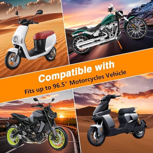 EVRBUL Universal All Season Motorcycle Cover Heavy Duty 420D Outdoor Motorbicycle Sun Cover Protection Moped Cover with Lock-Holes Night Reflective & Storage Bag Fits up to 96.5" Motorbike Vehicle