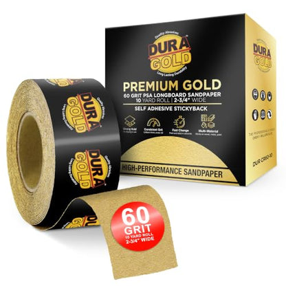 Dura-Gold Gold PSA Longboard Sandpaper, 60 Grit, 20 Yard Roll, 2-3/4" Wide - size: 60-Grit