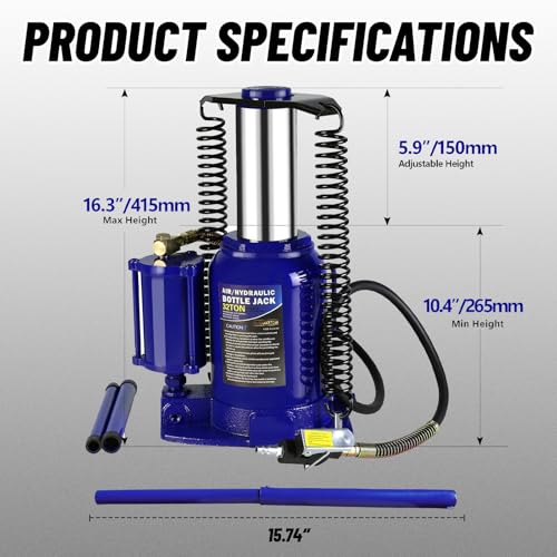 32 Ton Air Hydraulic Bottle Jack with Air-Powered or Manual Operation, One-Piece Hydraulic Cylinder Design, Air Bottle Jack with Independent Air Pump Body and Carry Handle - color: Blue, size: 32 Ton
