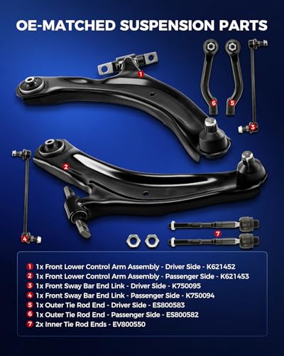 KAX 8pcs Suspension Kit for 𝐍𝐢𝐬𝐬𝐚𝐧 𝐑𝐨𝐠𝐮𝐞 2008-2013 & Rogue Select 2014-2015, 2 Lower Control Arms w/Ball Joints 2 Sway Bar Links 4 Inner Outer Tie Rods, K621452 K621453 High-Strength Steel - size: Nissan Rogue 2008-2013