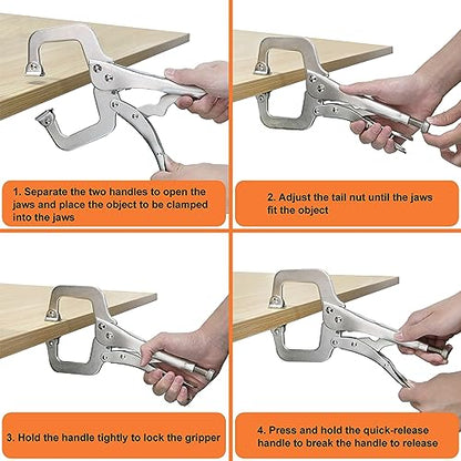 4 Pack 11 Inch C Clamp Locking Pliers,Locking C Clamp, Adjustable Nickel Plated C Pliers For Wood Working, Welding, Electrician Maintenance and more, by GENHAKON - size: 4 Pack 11 Inch