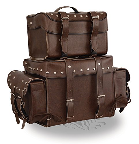Motorcycle Genuine Leather Waterproof Saddlebag Luggage with Gun Holster inside Brown & Blk Stud/Non Stud (Touring Bag 4 pc, Studed Non Leather) - color: Touring Bag 4 pc, style: Studed Non Leather