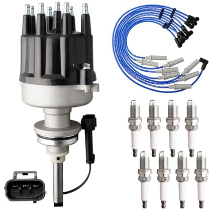 Ignition Distributor w/Cap & Rotor and 8 Iridium Spark Plugs with Wire Set Tune Up Kit 4740339AB 84-3801 Compatible with Dodge B1500 B2500 B3500 1998 Dakota Durango Ram 1500 2500 3500 Van - size: 84-3801
