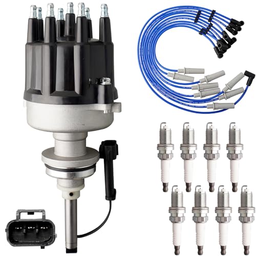 Ignition Distributor w/Cap & Rotor and 8 Iridium Spark Plugs with Wire Set Tune Up Kit 4740339AB 84-3801 Compatible with Dodge B1500 B2500 B3500 1998 Dakota Durango Ram 1500 2500 3500 Van - size: 84-3801