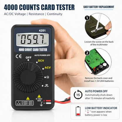 AIOMEST Digital Multimeter,Pocket Voltmeter Ohmmeter Measuring AC&DC Voltage Resistance Continuity Buzzer Diode Test, Auto Ranging Card Volt Ohm Tester DMM AI-4201
